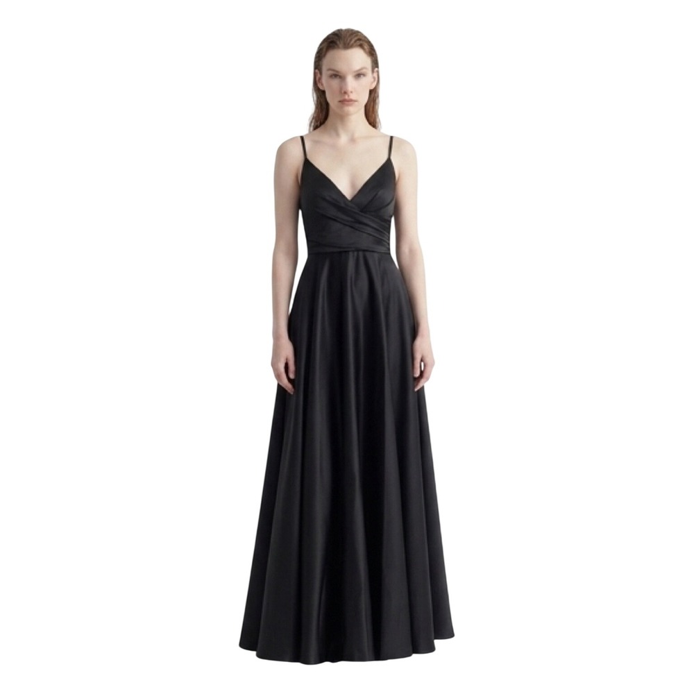 JJ's House Black Satin V-Neck Lace-Up Back Evening Gown Dress US 8 Bridesmaid